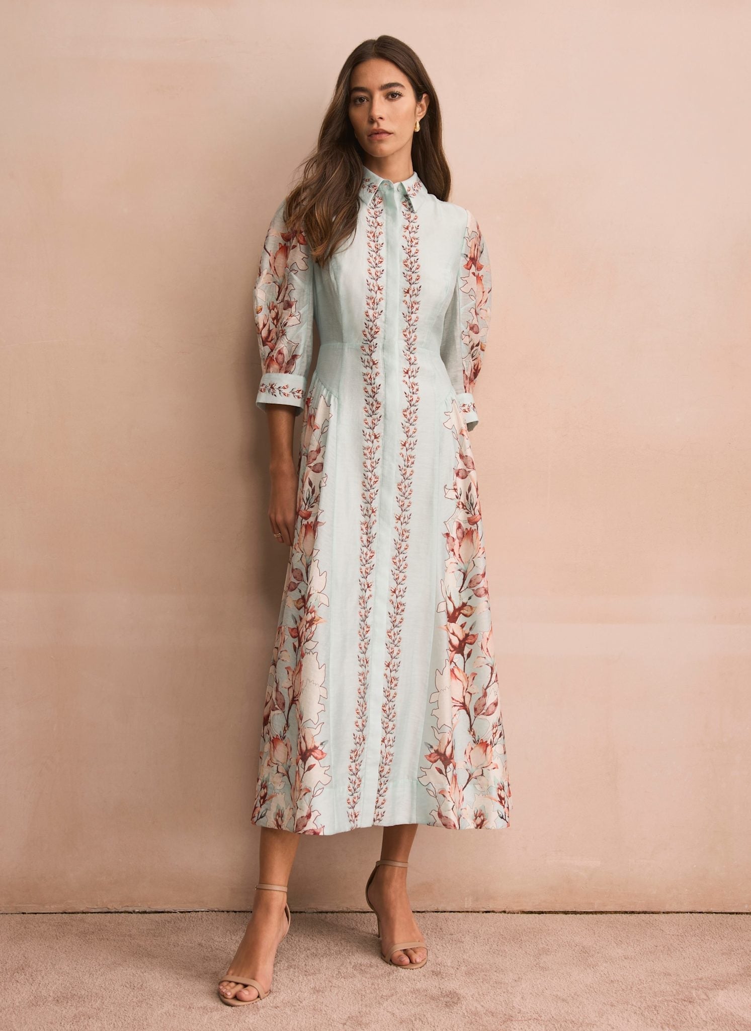 Blue Floral Print Midi Shirt Dress