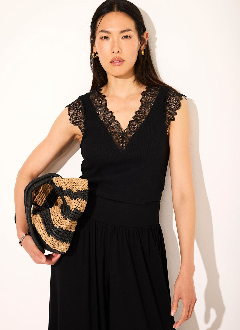 Black Cotton Blend Lace Detail Top