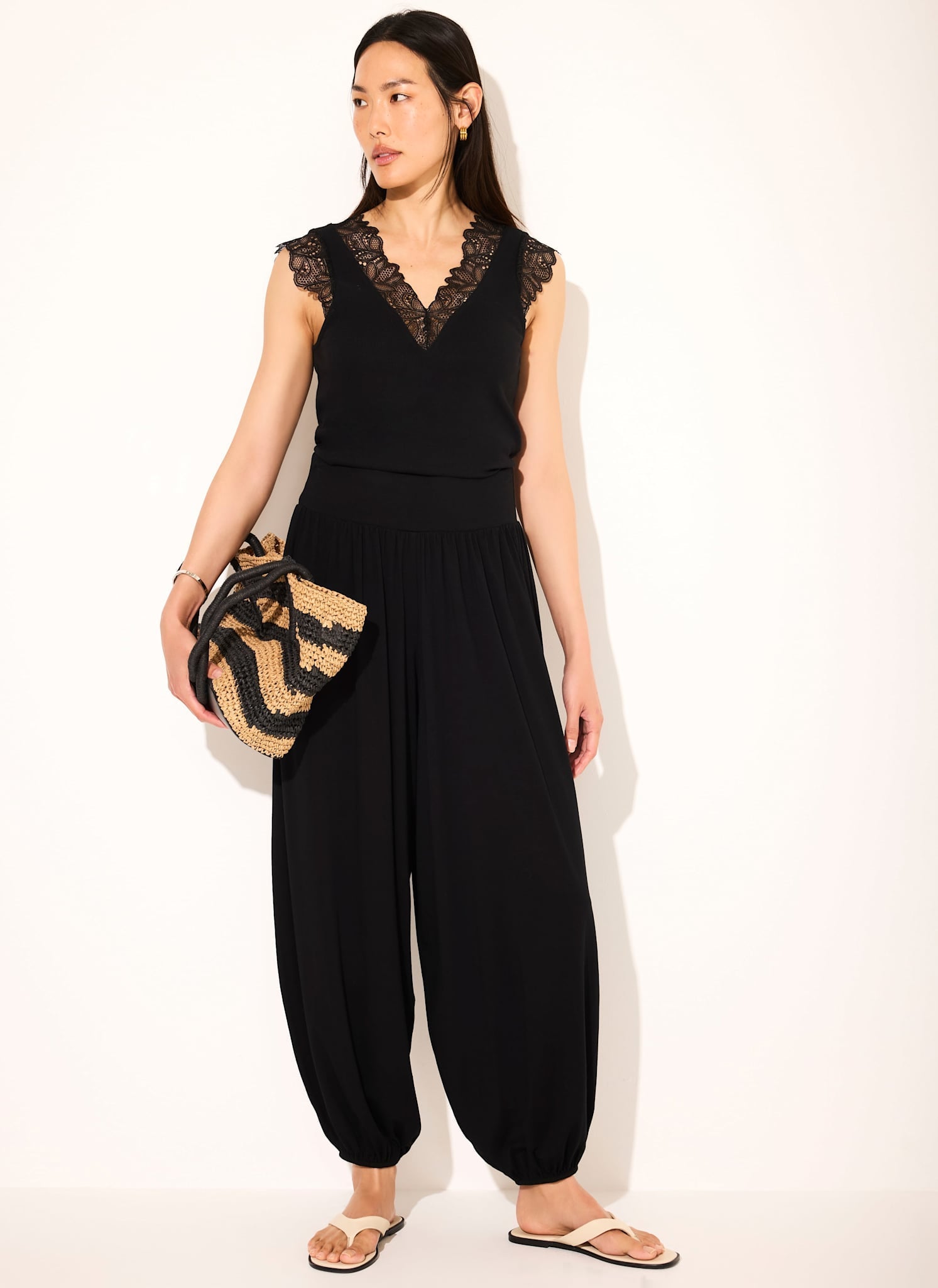 Black Cotton Blend Lace Detail Top