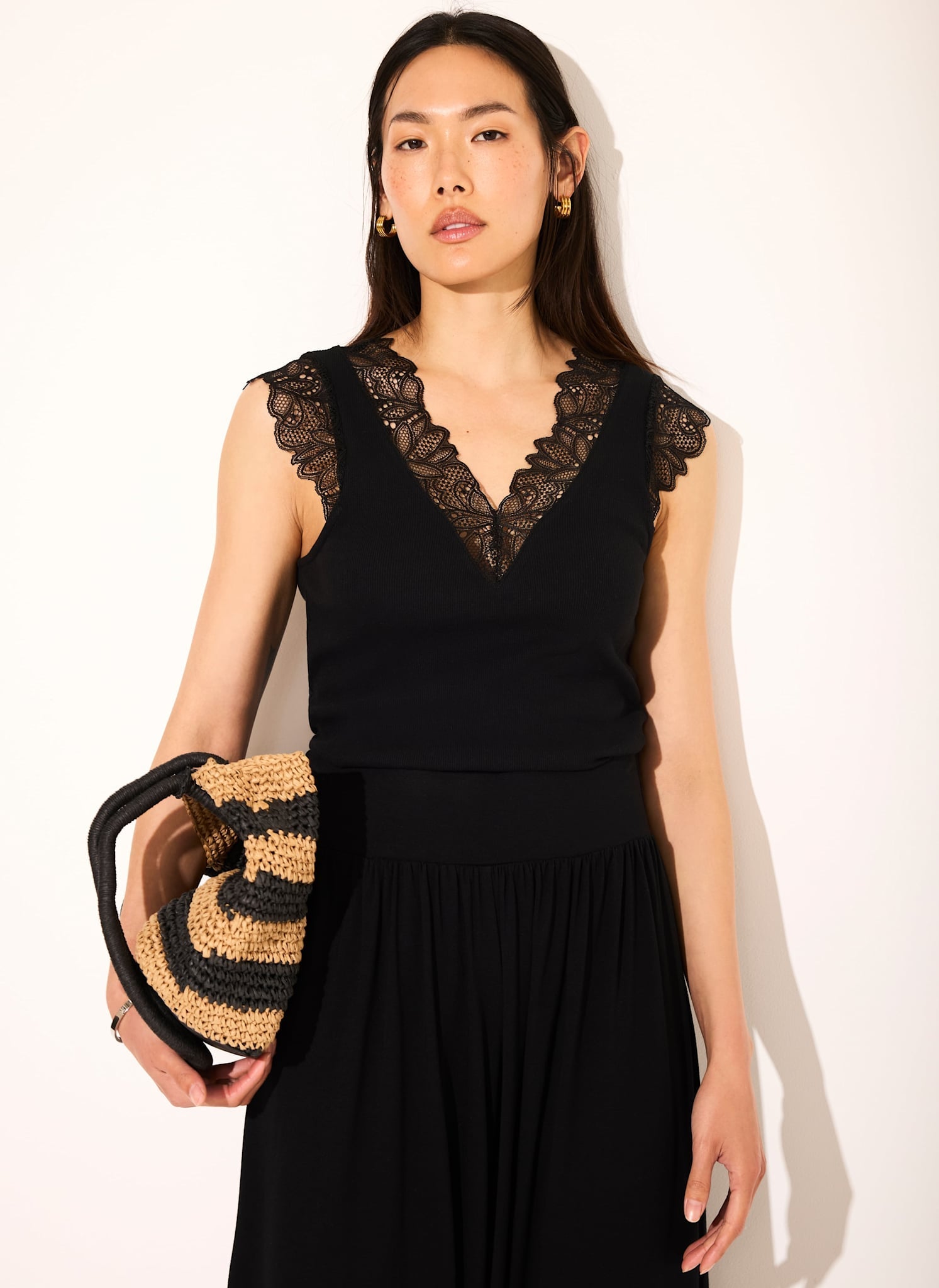Black Cotton Blend Lace Detail Top