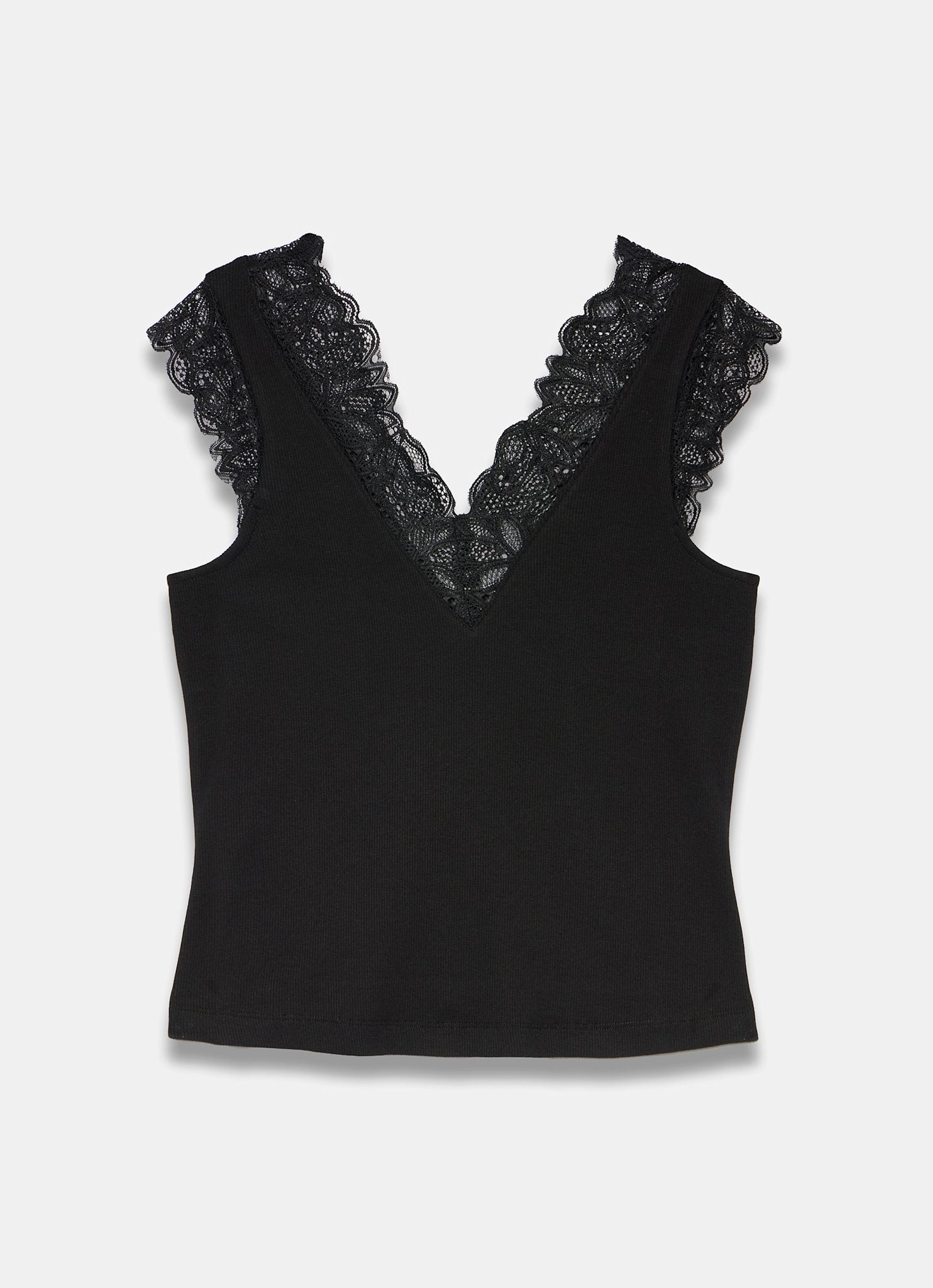 Black Cotton Blend Lace Detail Top