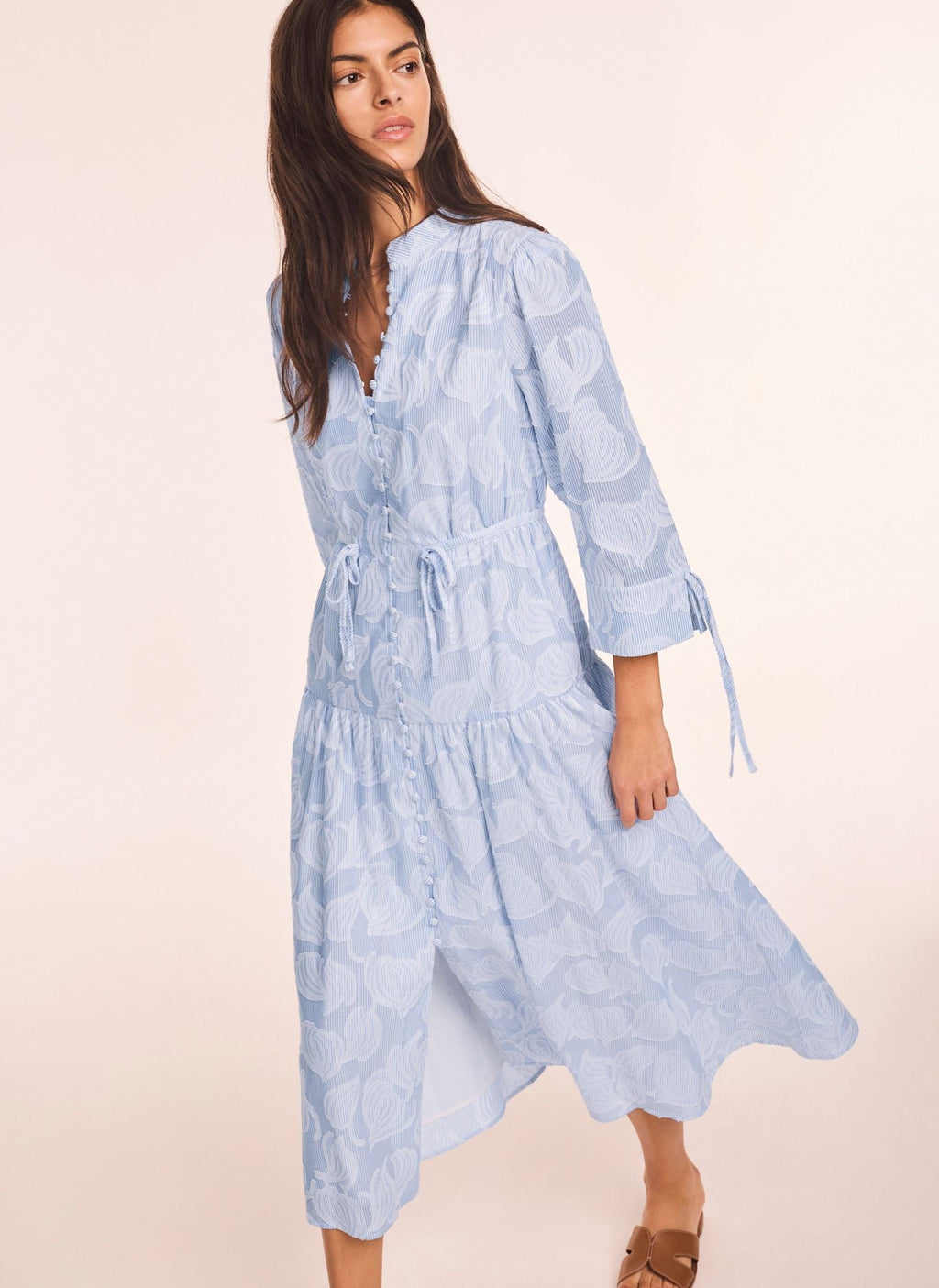 Blue Cotton Floral Shirt Midi Dress