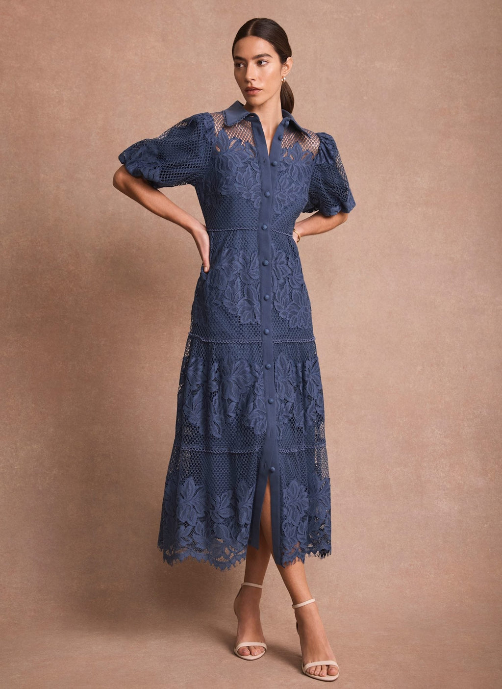 Blue Lace Midi Shirt Dress