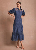 Blue Lace Midi Shirt Dress