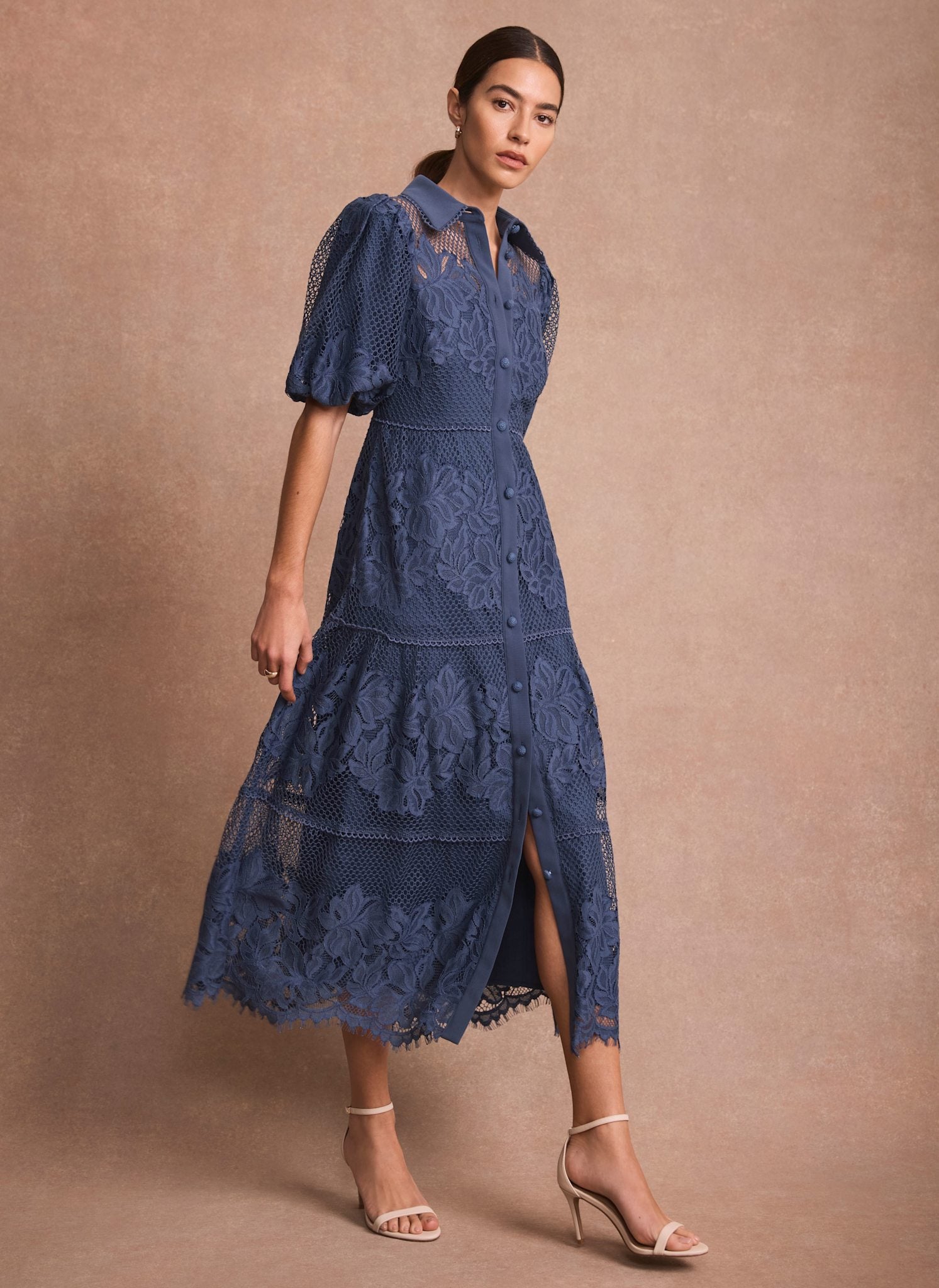 Blue Lace Midi Shirt Dress