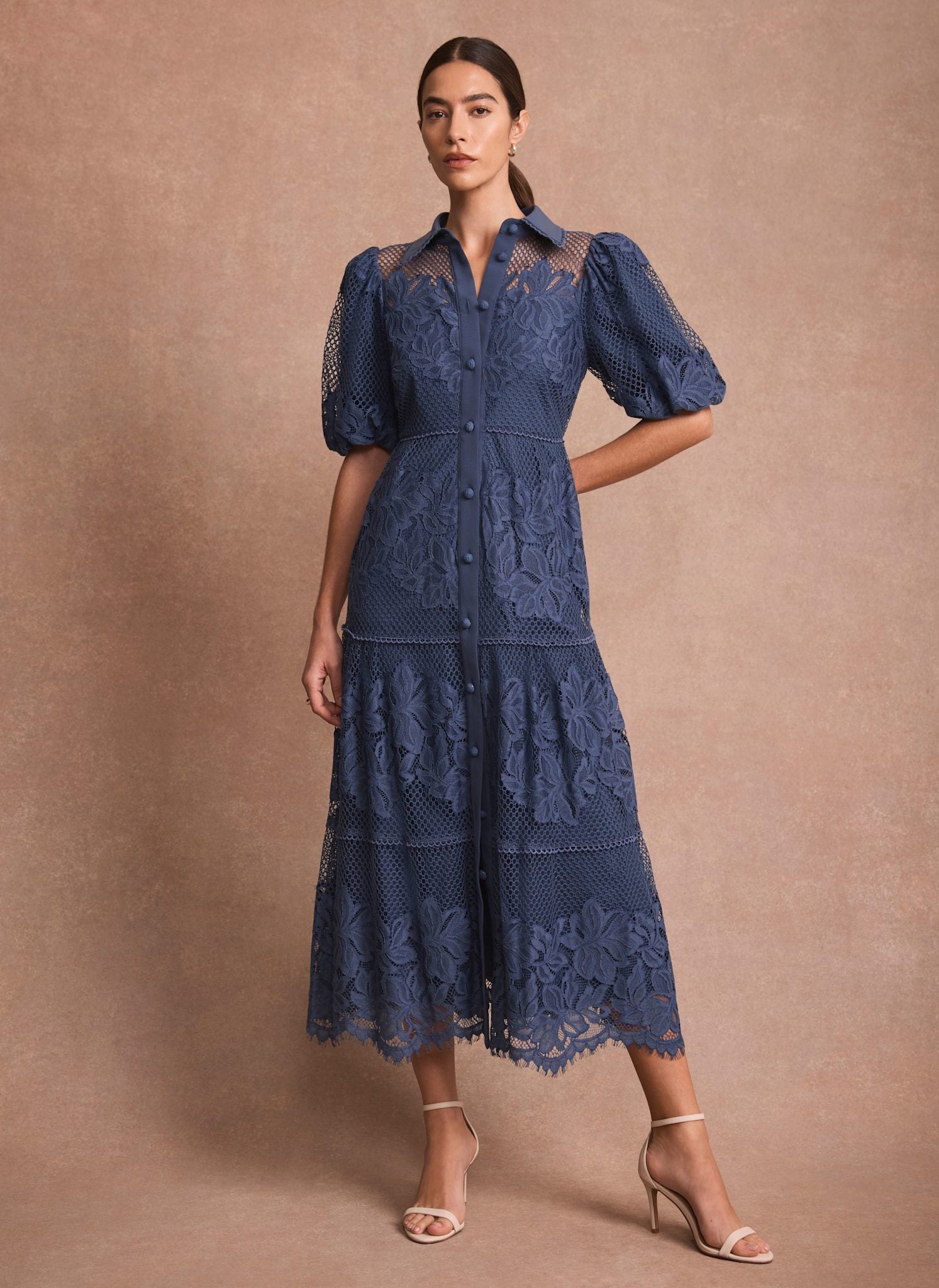 Blue Lace Midi Shirt Dress