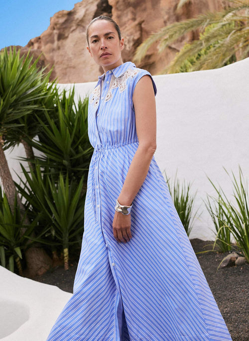 Blue Striped Midi Shirt Dress