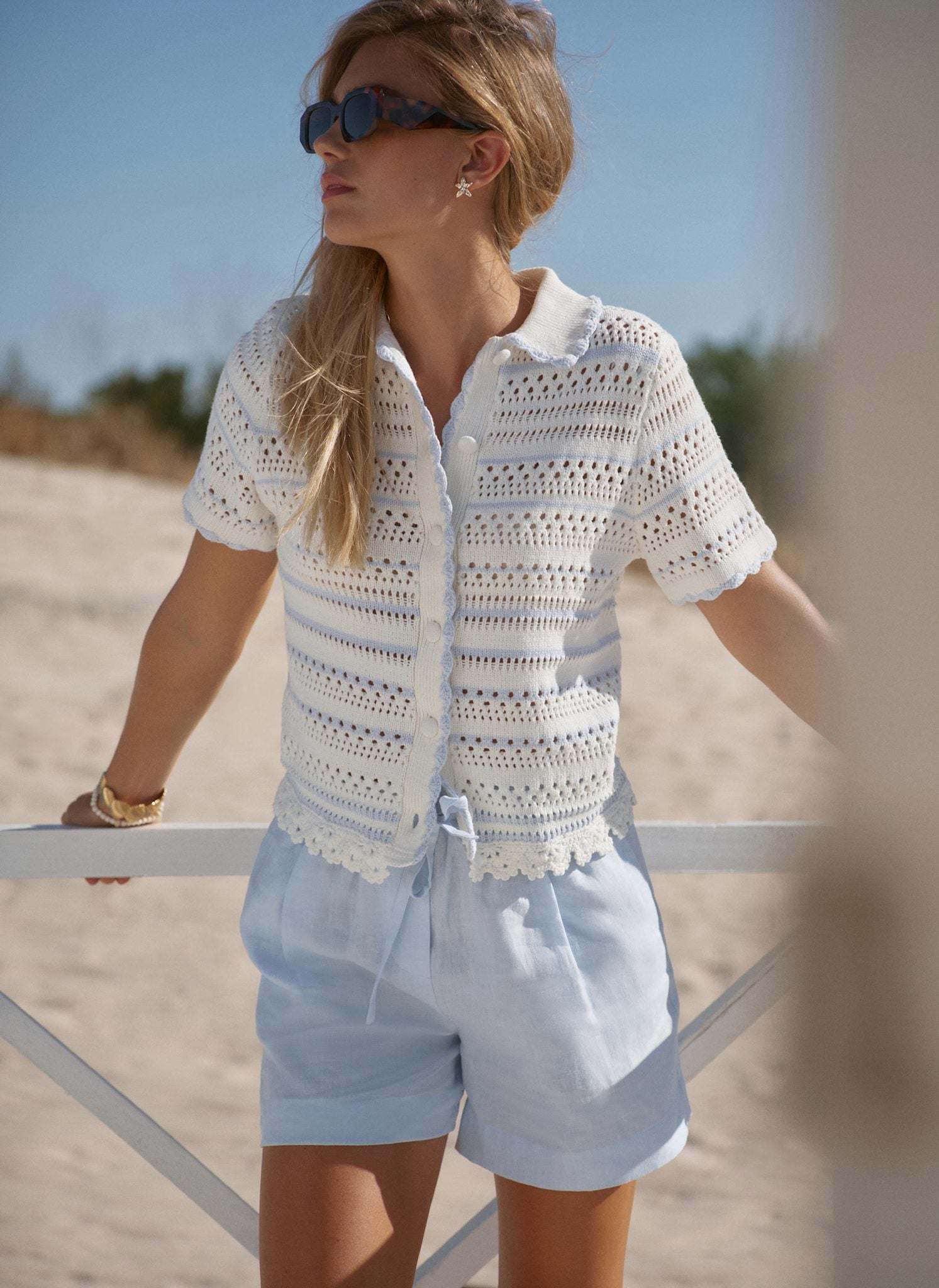 Cream Cotton Blend Stripe Crochet Top