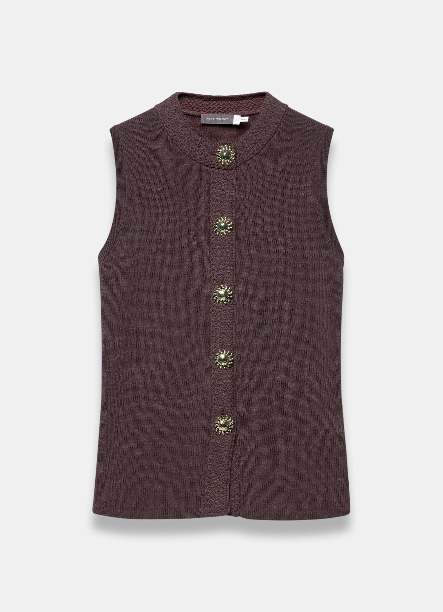 Brown Sunray Button Knit Sleeveless Top