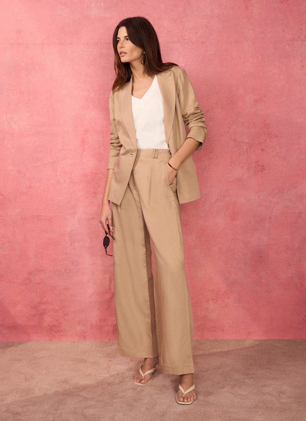 Neutral Linen Blend Single Breasted Blazer