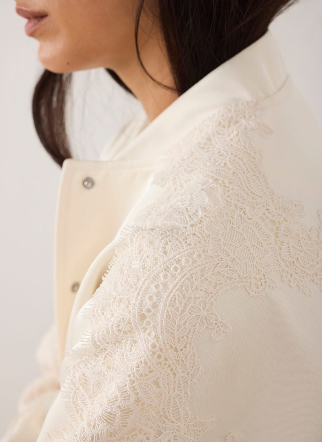 Cream Satin Lace Sleeve Bomber Jacket
