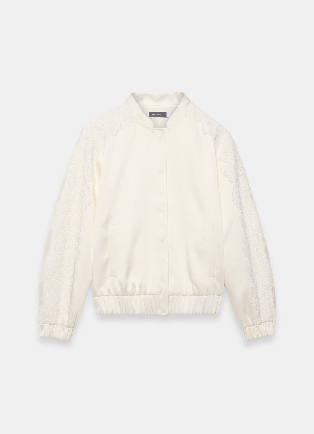 Cream Satin Lace Sleeve Bomber Jacket