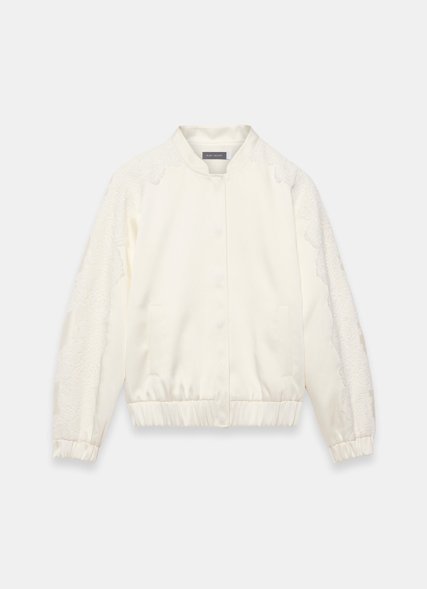 Cream Satin Lace Sleeve Bomber Jacket