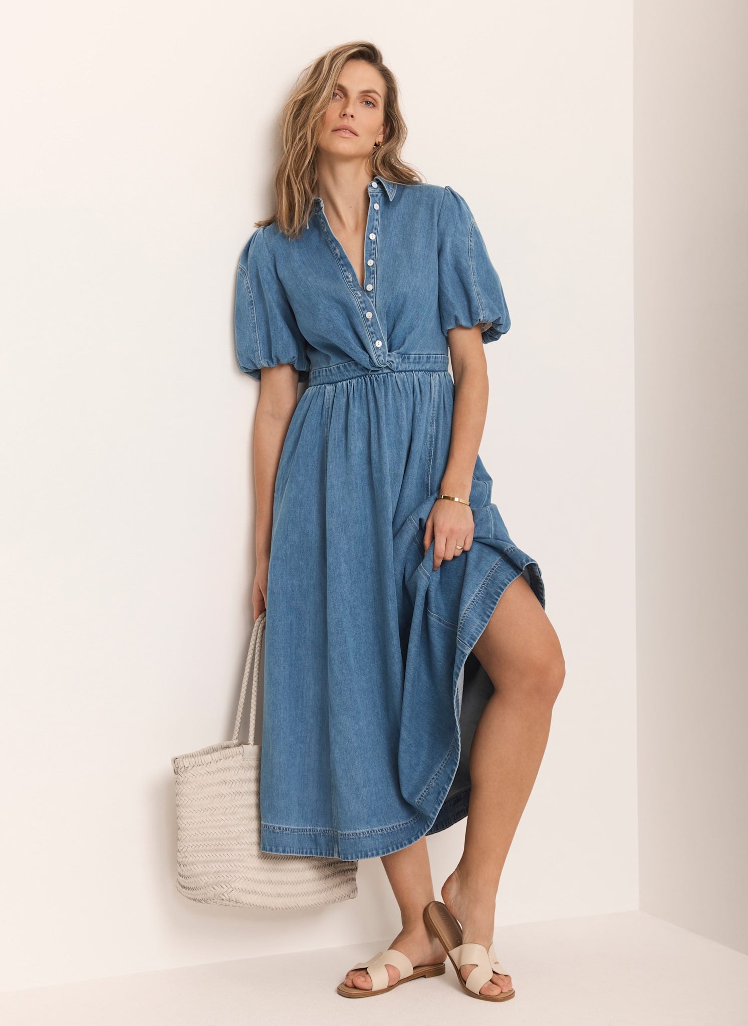 Mid Indigo Denim Twist Midi Dress