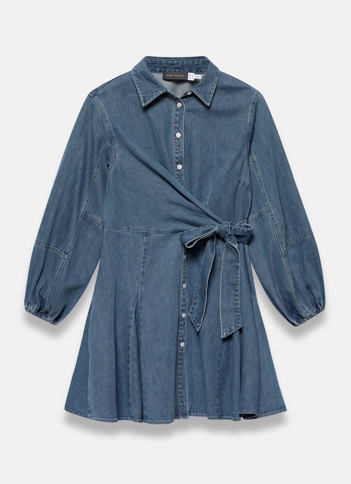 Mid Indigo Denim Long Sleeve Mini Shirt Dress