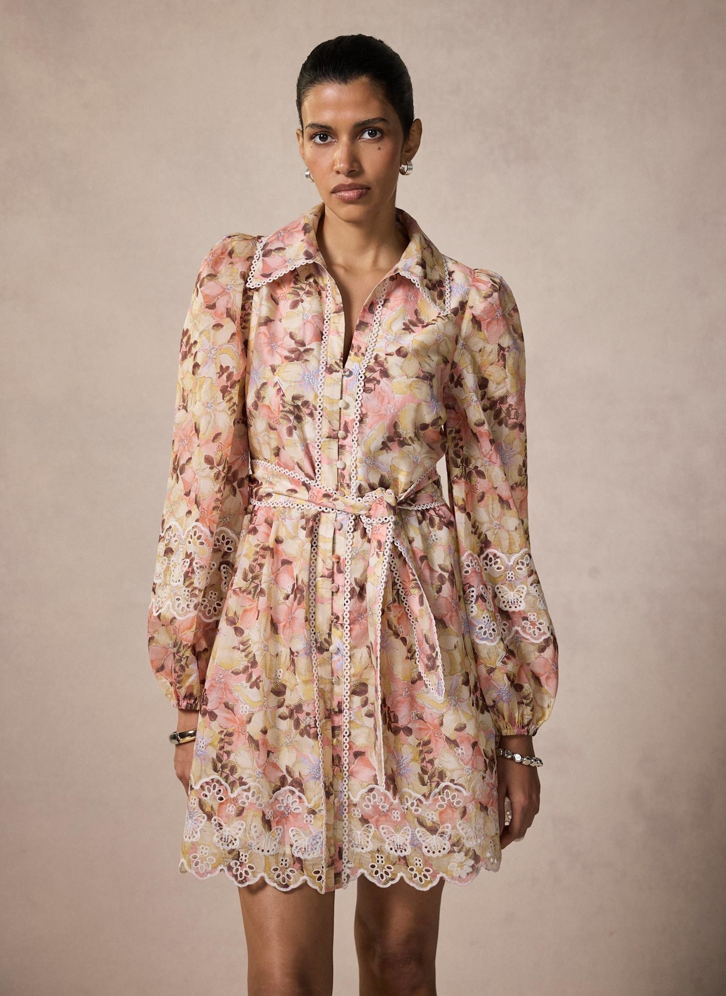 Neutral Floral Print Mini Dress