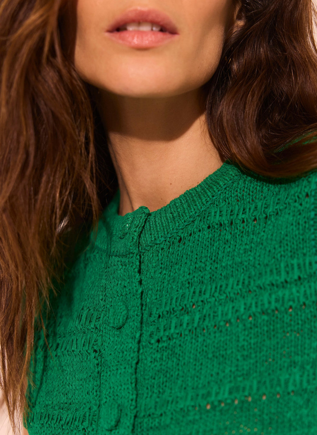 Green Cotton Blend Button Detail Knit Top