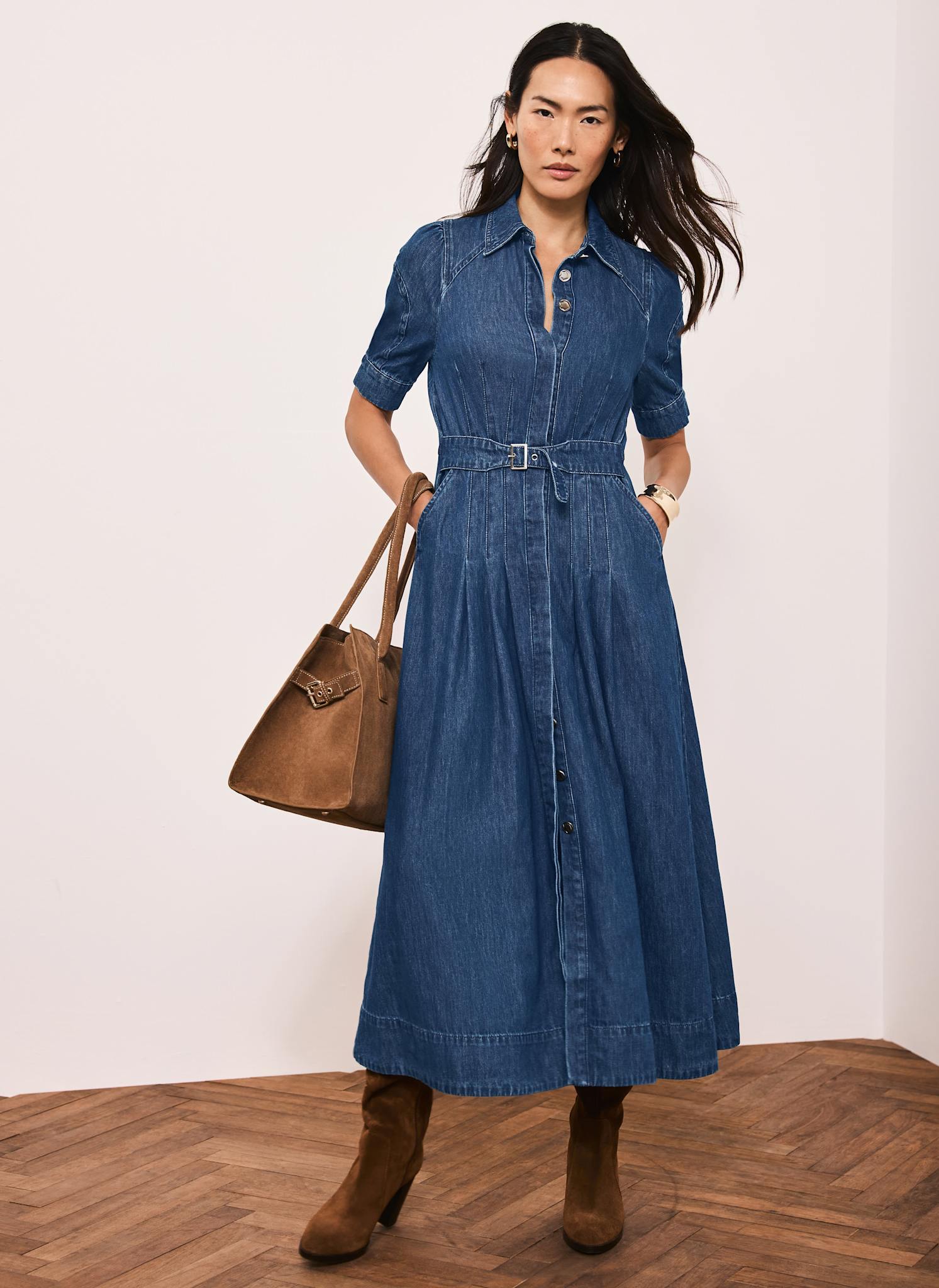 Indigo Denim Belted Midi Shirt Dress