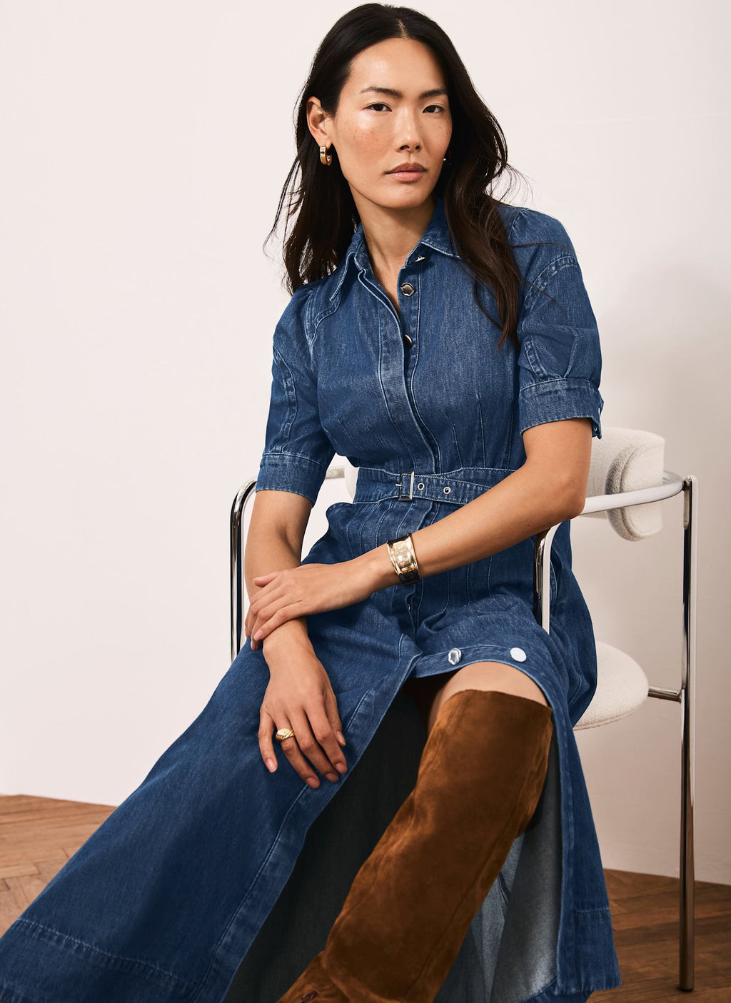 Indigo Denim Belted Midi Shirt Dress