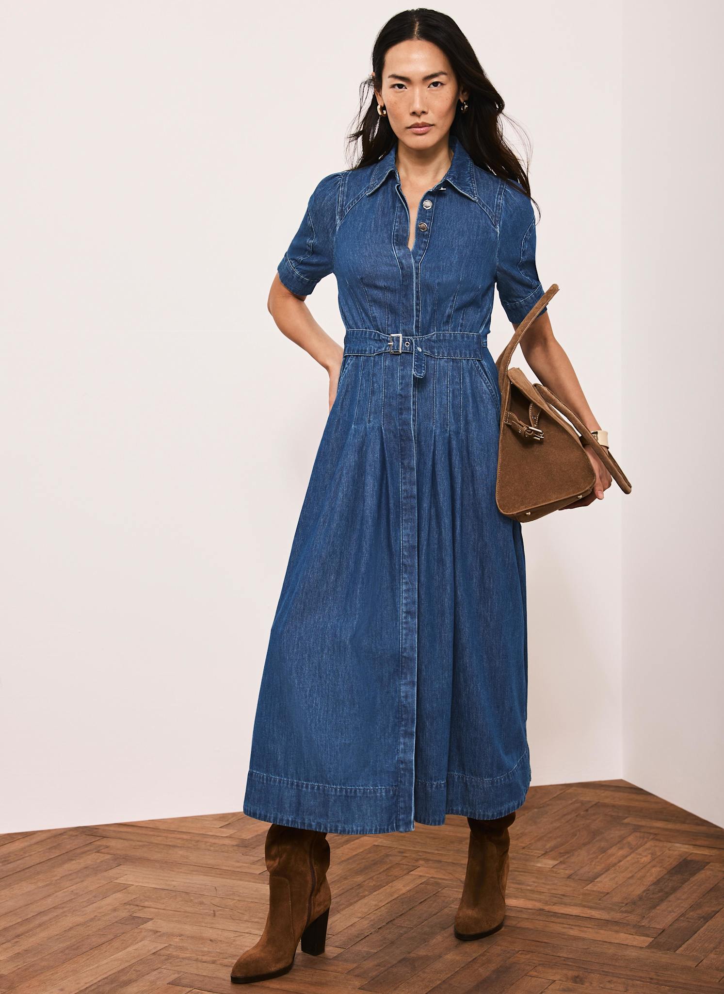 Indigo Denim Belted Midi Shirt Dress