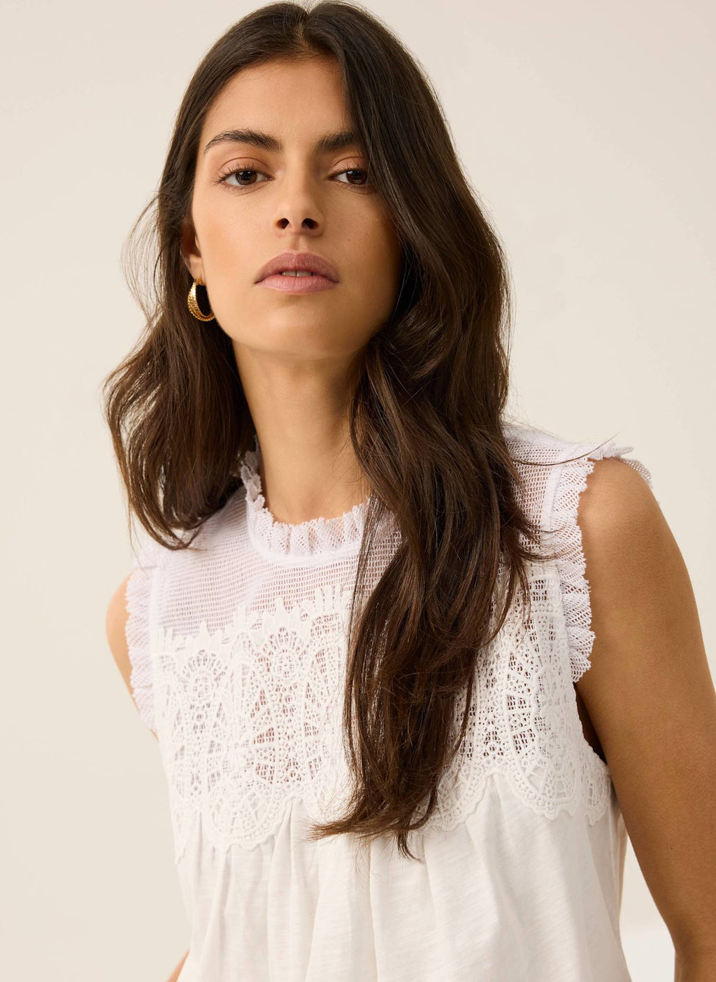 White Cotton Blend Lace Applique Top