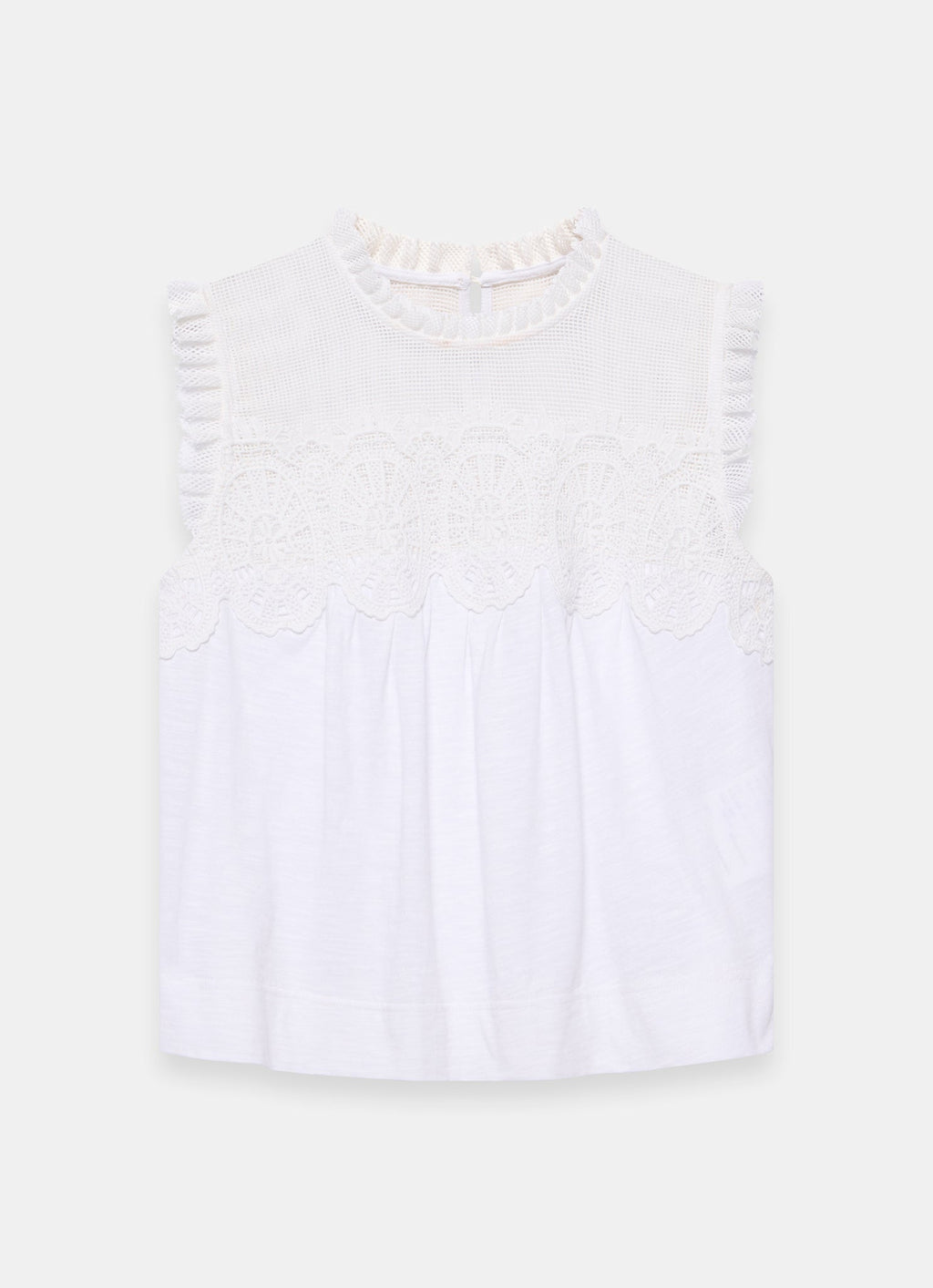 White Cotton Blend Lace Applique Top