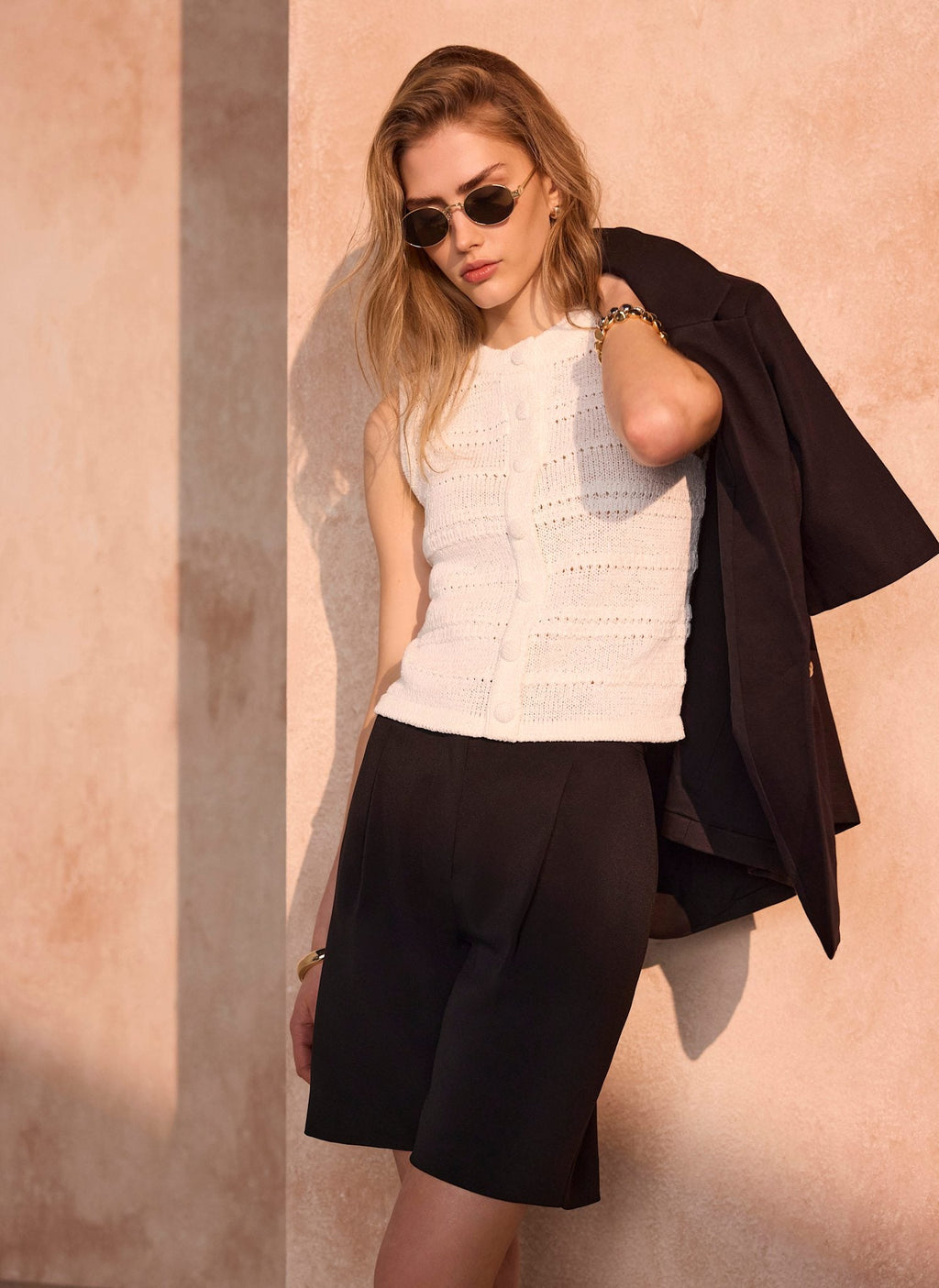 White Cotton Blend Button Detail Knit Top