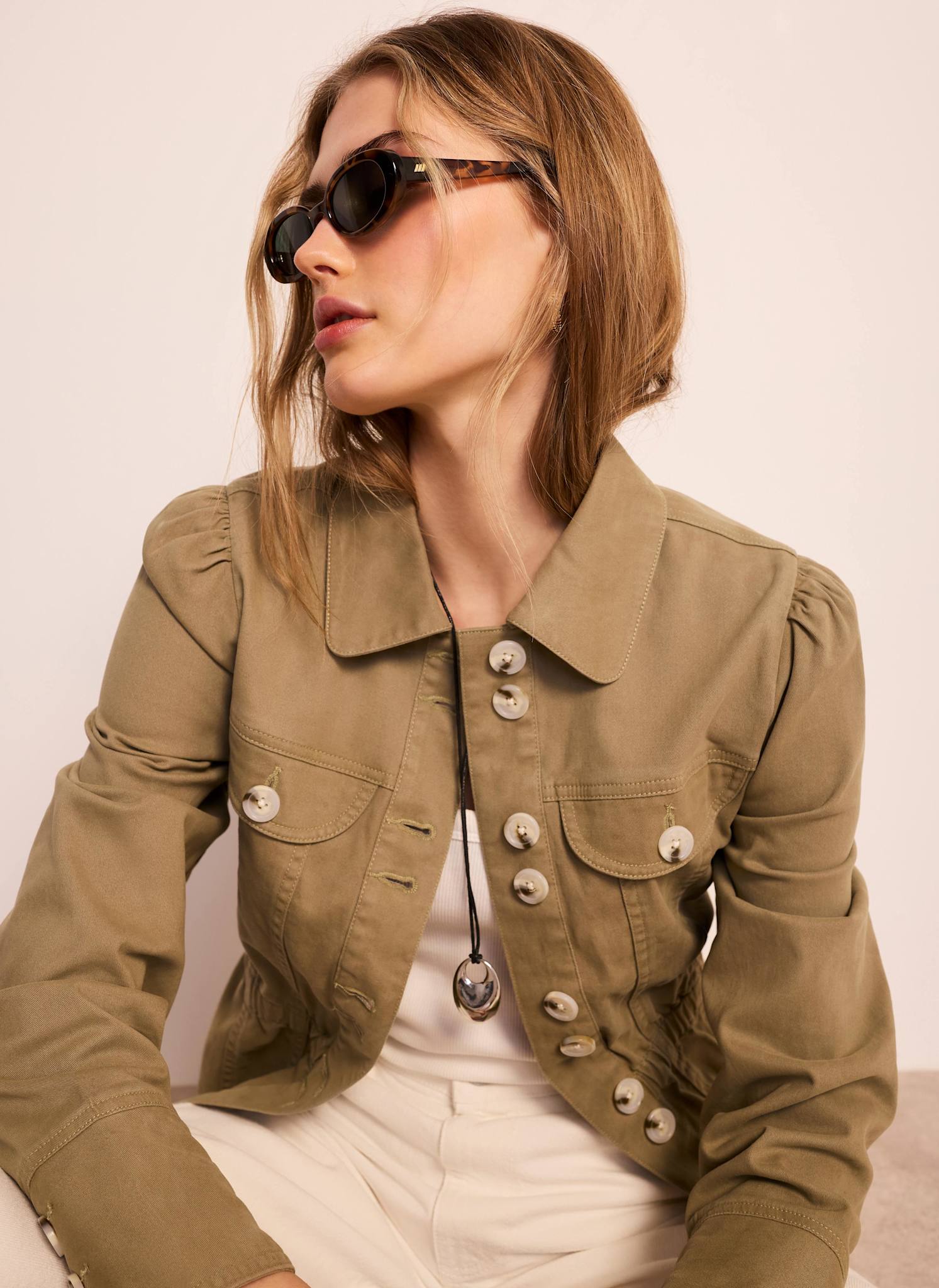 Khaki Cotton Blend Peplum Jacket