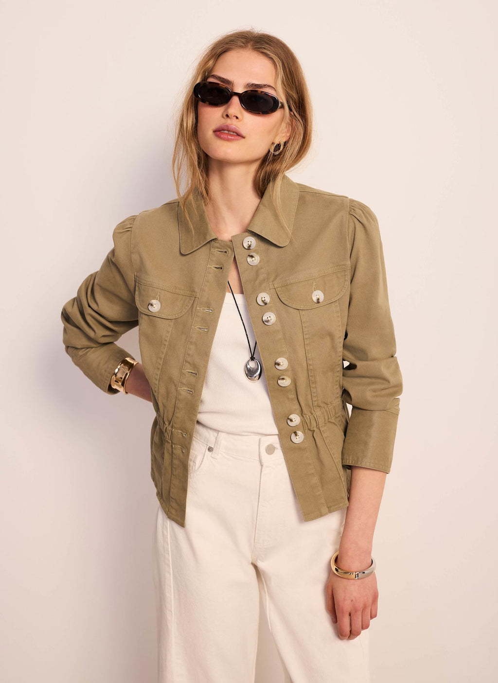 Khaki Cotton Blend Peplum Jacket