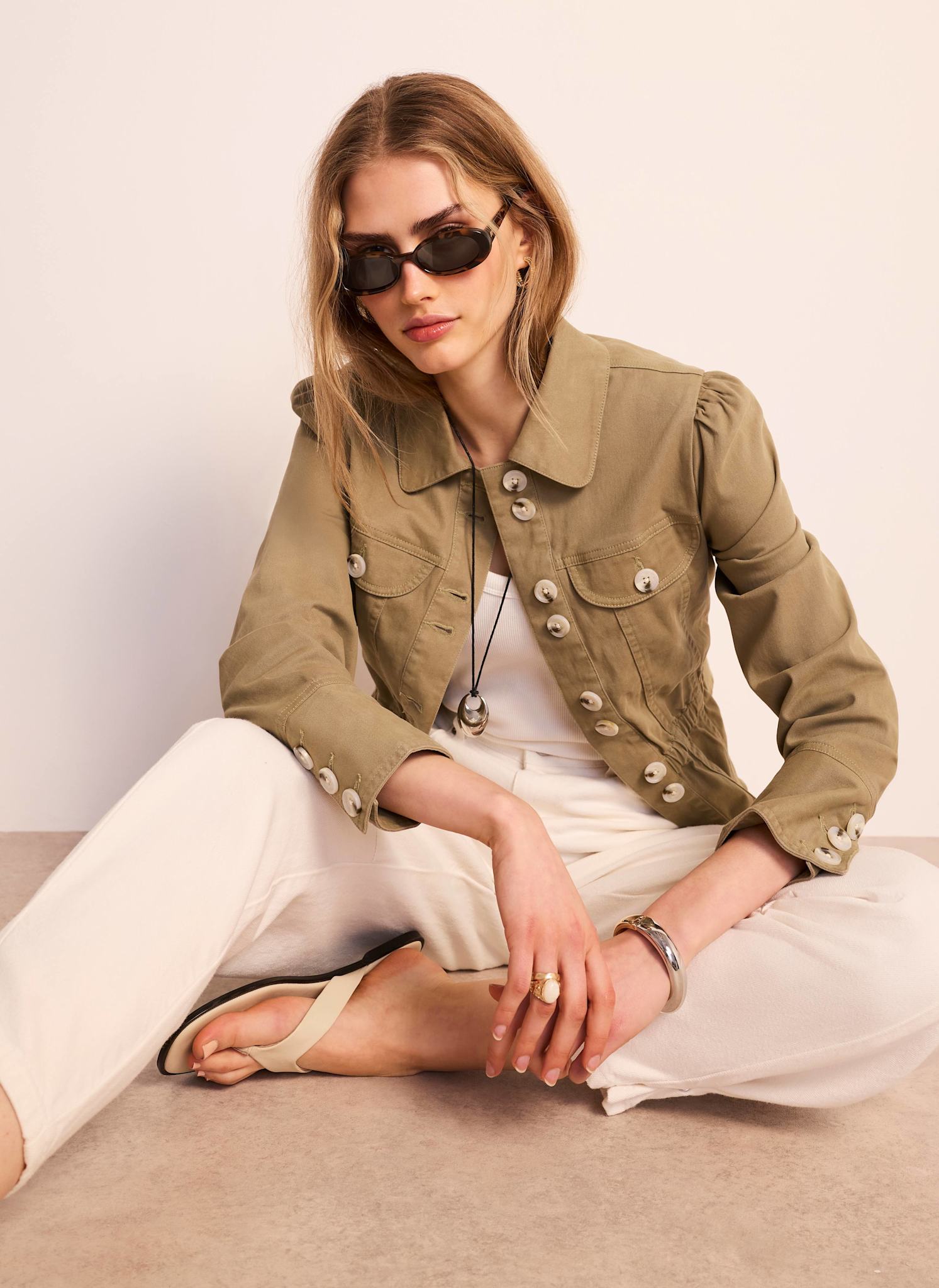Khaki Cotton Blend Peplum Jacket
