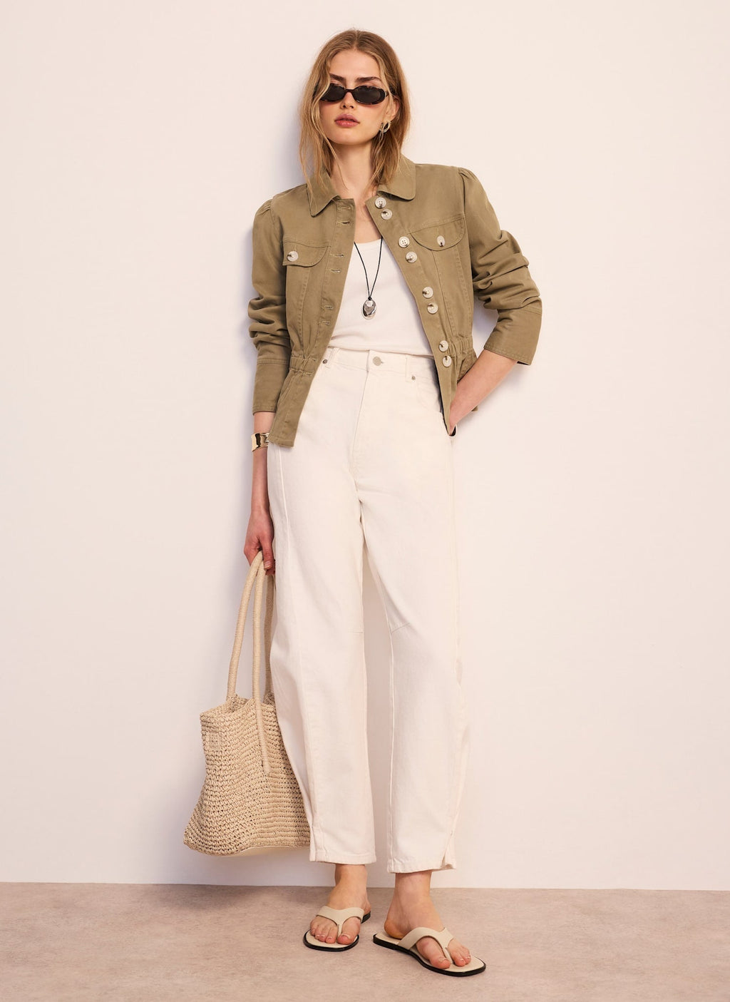 Khaki Cotton Blend Peplum Jacket