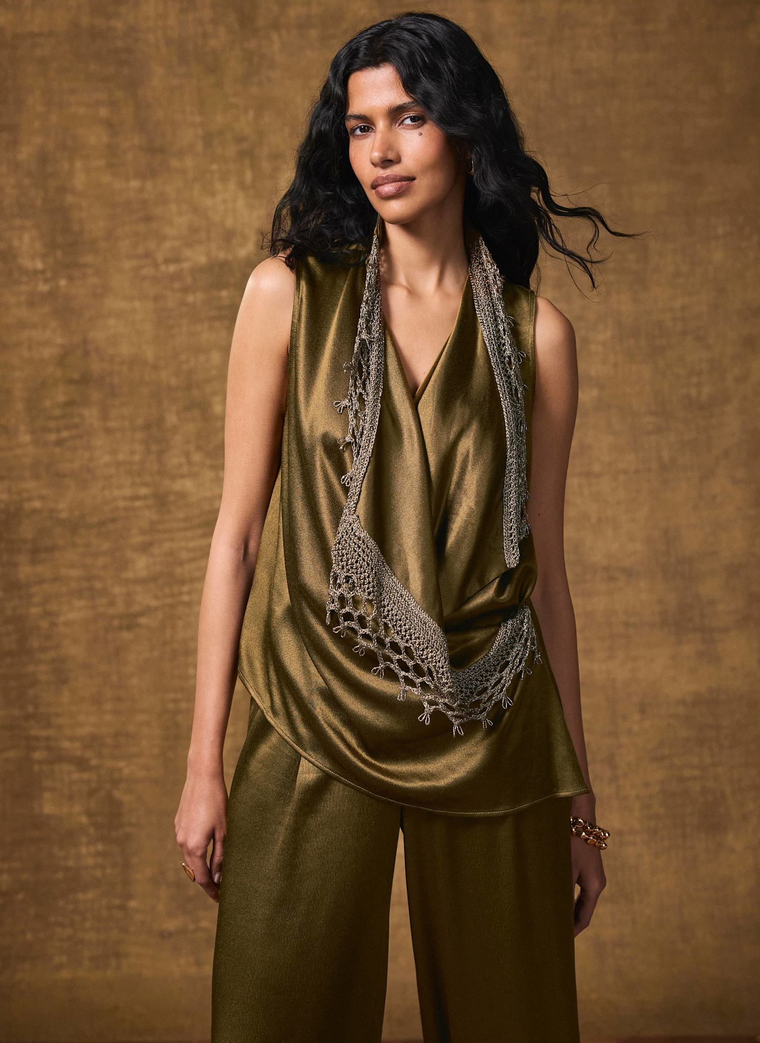 Khaki Crochet Trim Satin Wrap Top