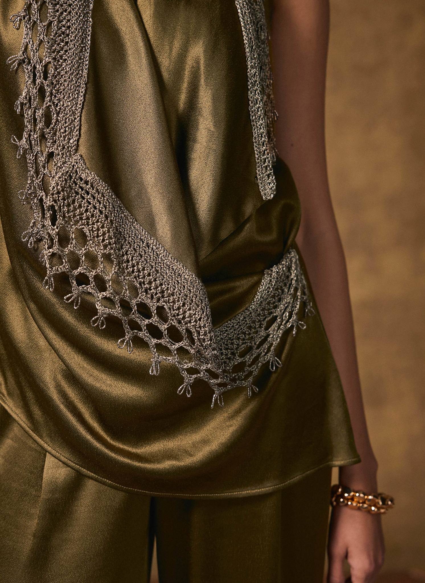 Khaki Crochet Trim Satin Wrap Top