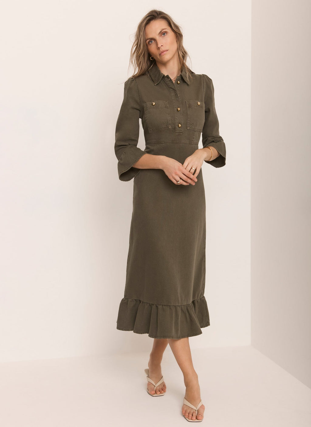 Khaki Denim Midi Shirt Dress