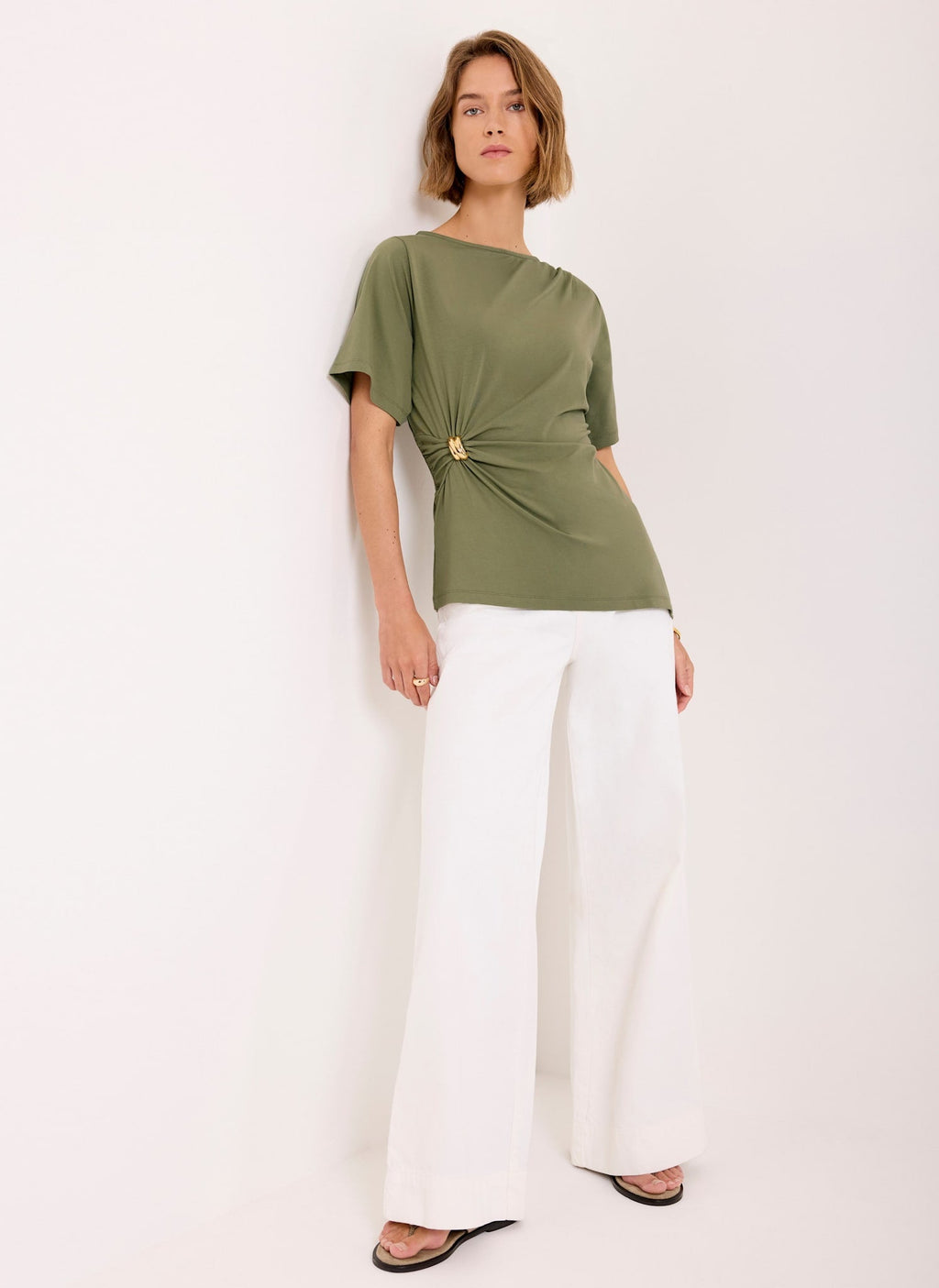 Khaki Gathered Detail Top
