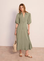 Khaki Utility Zip Midi Shirt Dress
