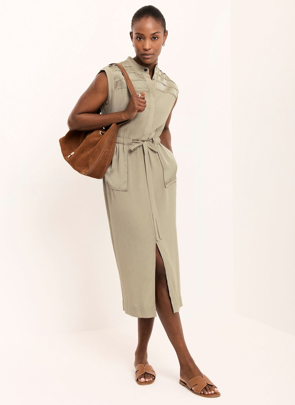 Khaki Satin Utility Midi Dress