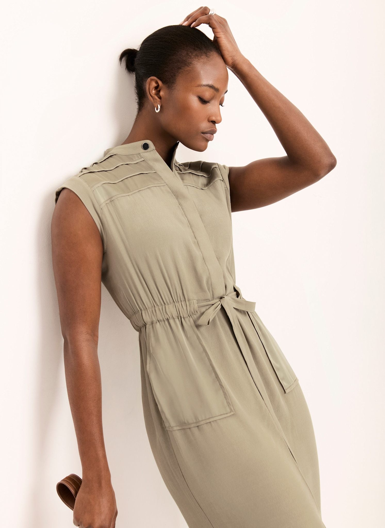 Khaki Satin Utility Midi Dress