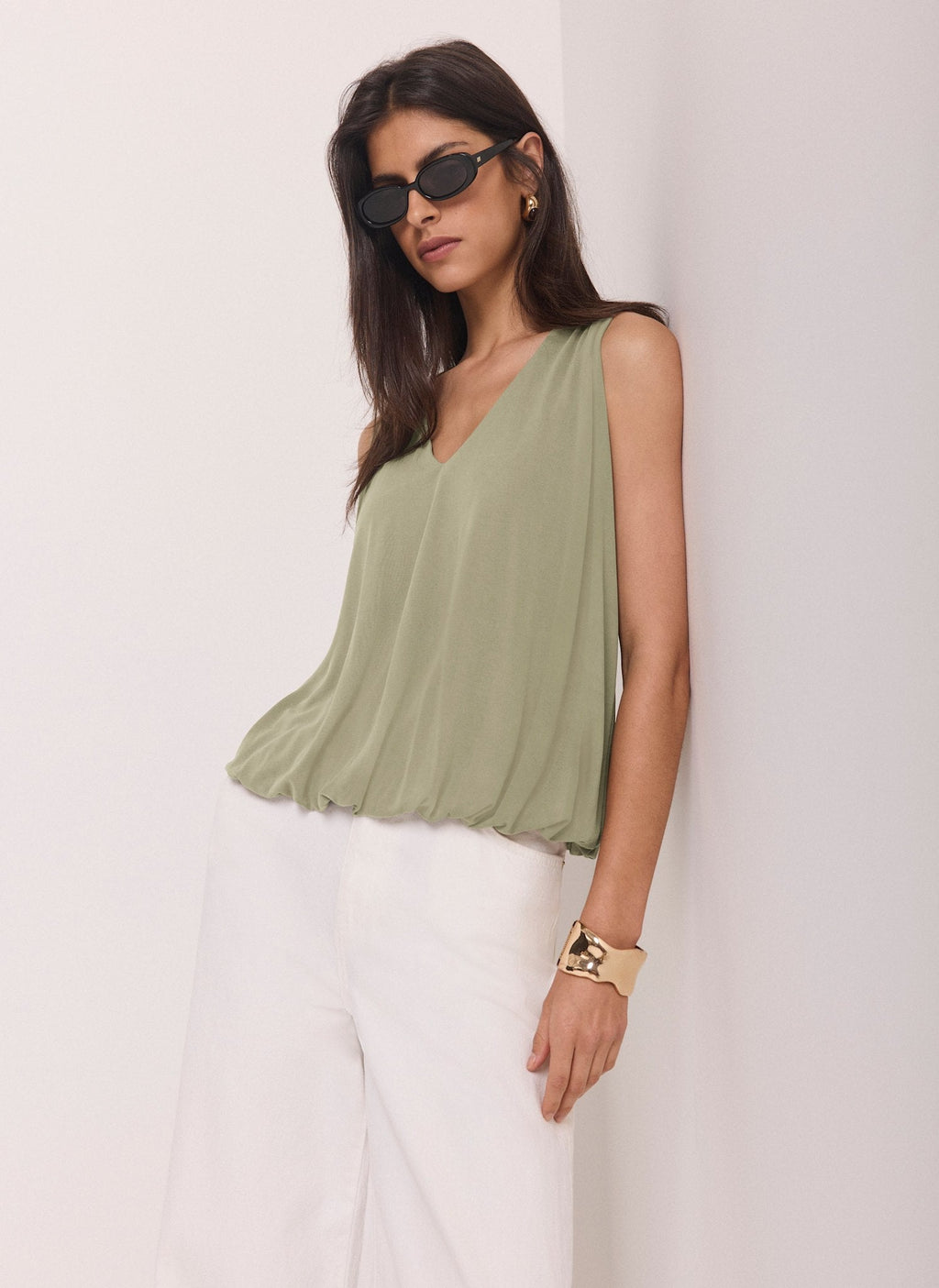 Khaki V Neck Bubble Hem Top
