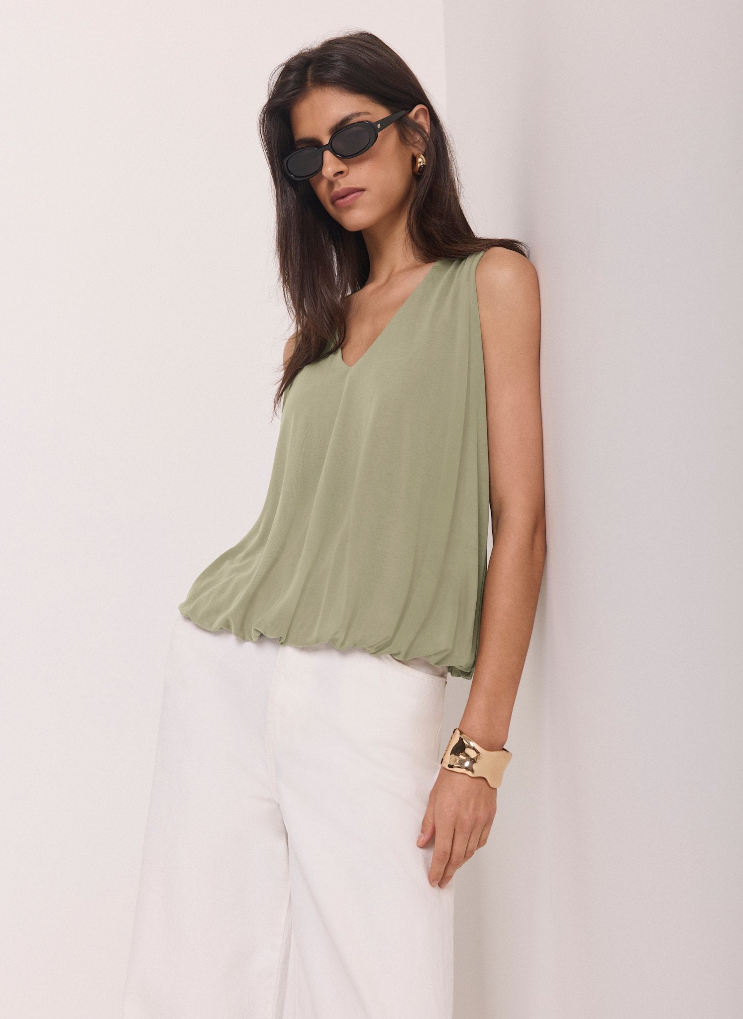 Khaki V Neck Bubble Hem Top