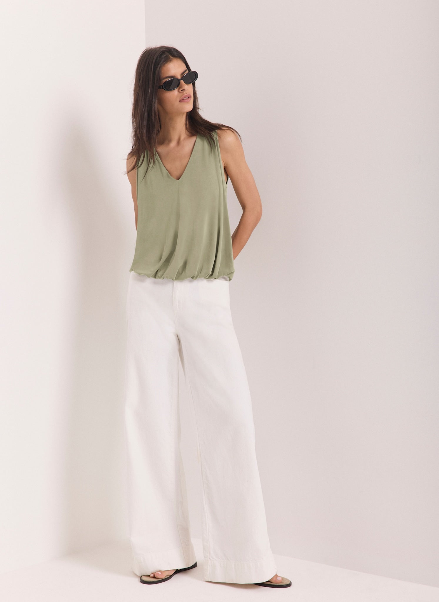 Khaki V Neck Bubble Hem Top