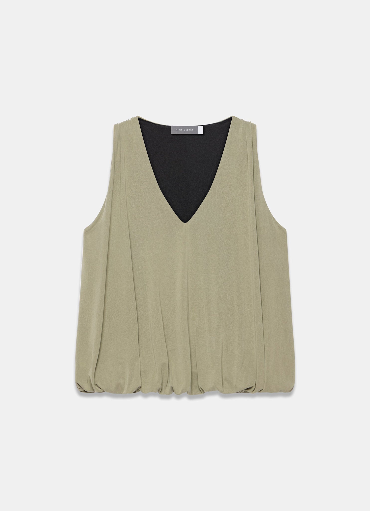 Khaki V Neck Bubble Hem Top