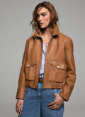 Tan Leather Collared Bomber Jacket