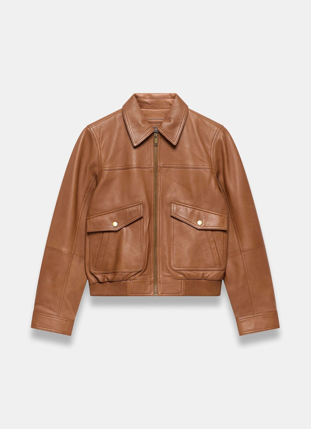 Tan Leather Collared Bomber Jacket
