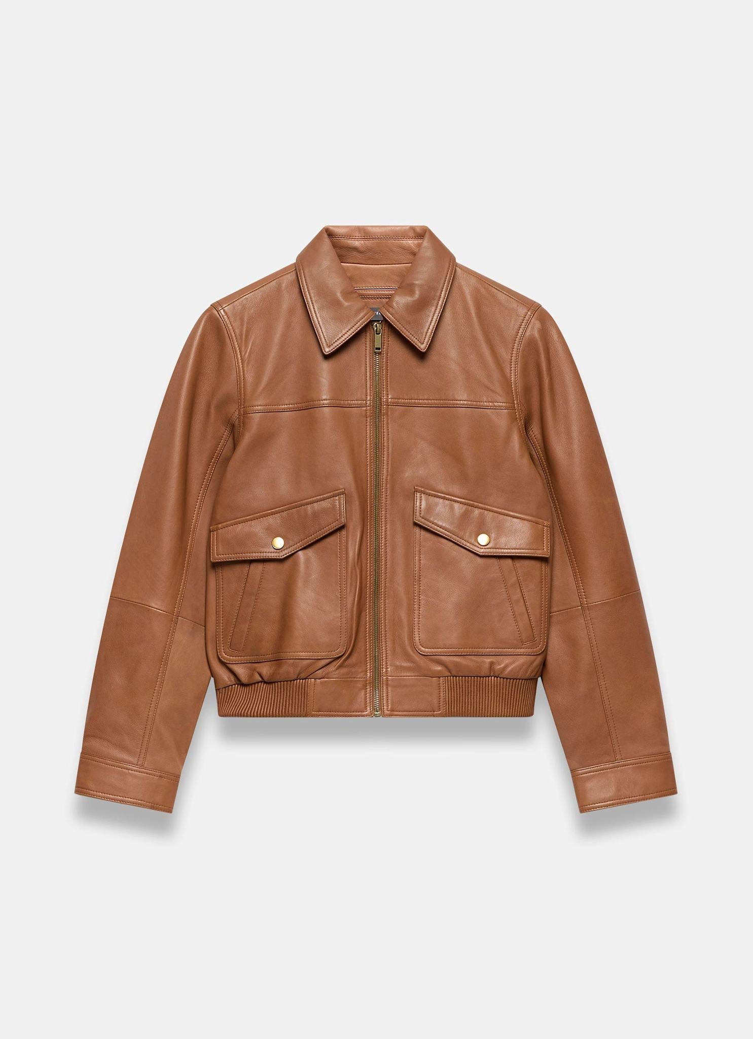 Tan Leather Collared Bomber Jacket