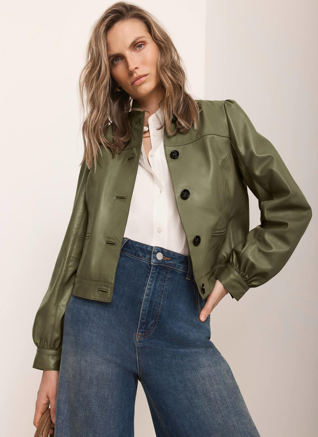Green Leather Puff Sleeve Jacket
