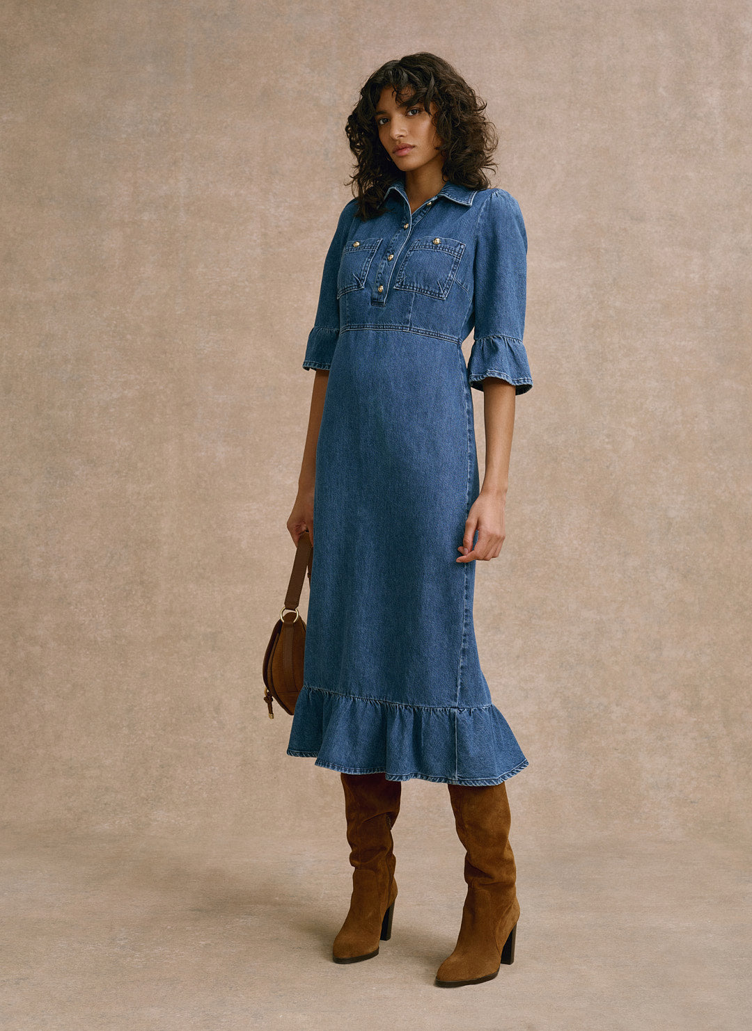 Indigo Denim Ruffle Midi Shirt Dress