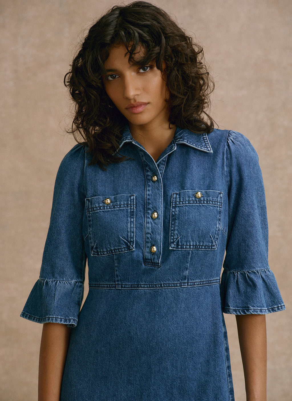 Indigo Denim Ruffle Midi Shirt Dress