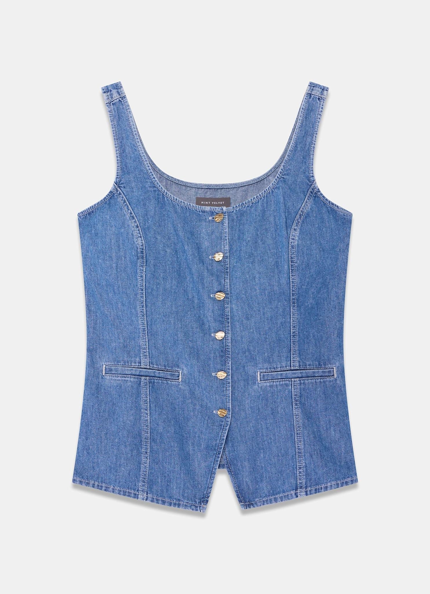 Mid Indigo Denim Waistcoat Top