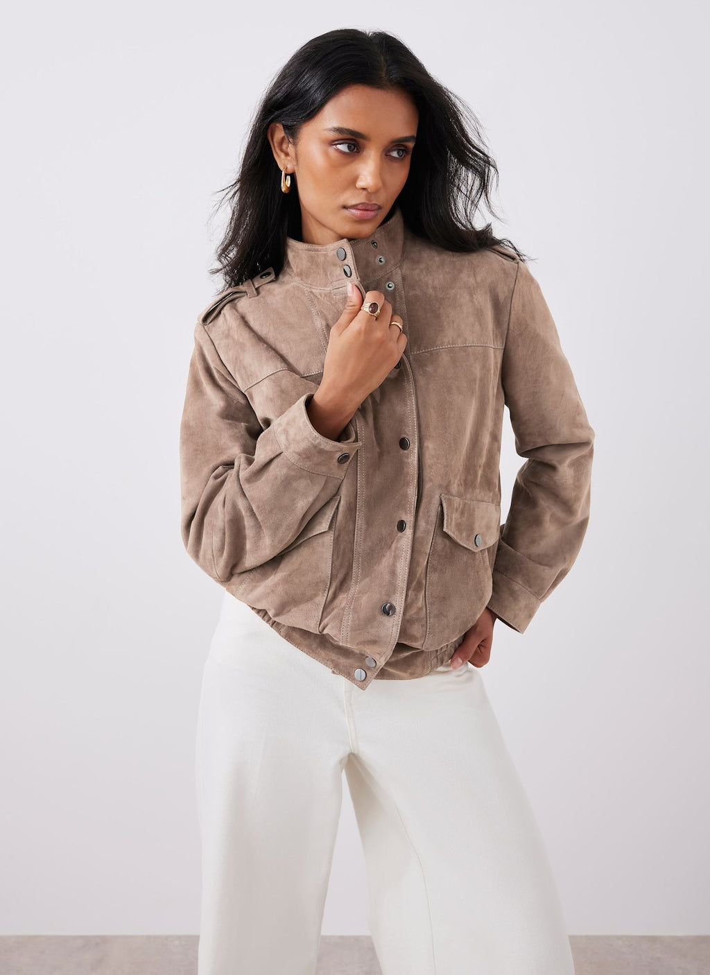 Neutral Suede Pilot Bomber Jacket